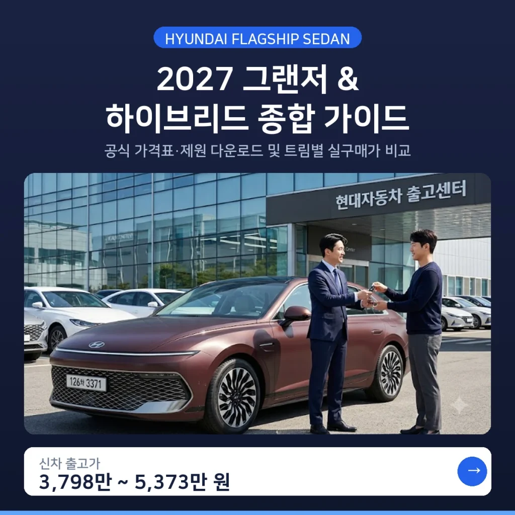2027 현대 그랜저 준대형 세단 신차 출고가 3798만원부터 트림별 가격표 안내