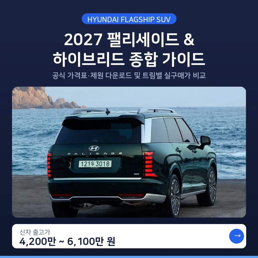 2027 현대 팰리세이드 대형 SUV 신차 출고가 4200만원부터 트림별 가격표 안내
