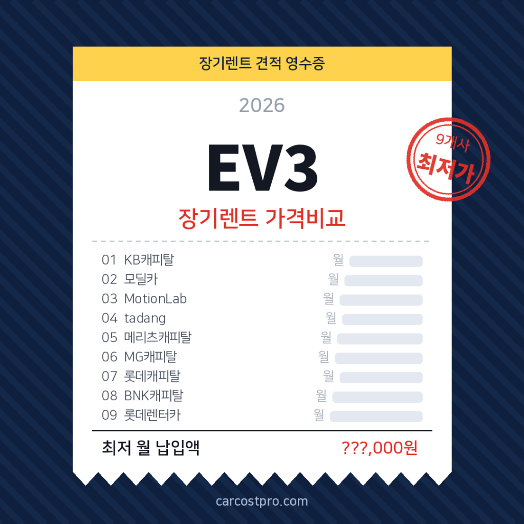 2026 기아 EV3 장기렌트 트림별 월 견적 비교 및 보증금 선납금 조건표